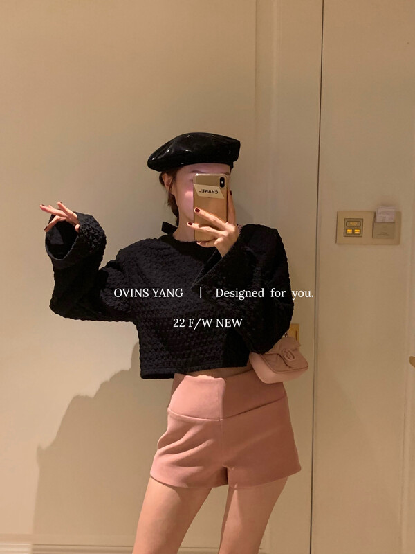 【OVINSYANG】Puff lattice long-sleeved shoulder pad top shirt 8982