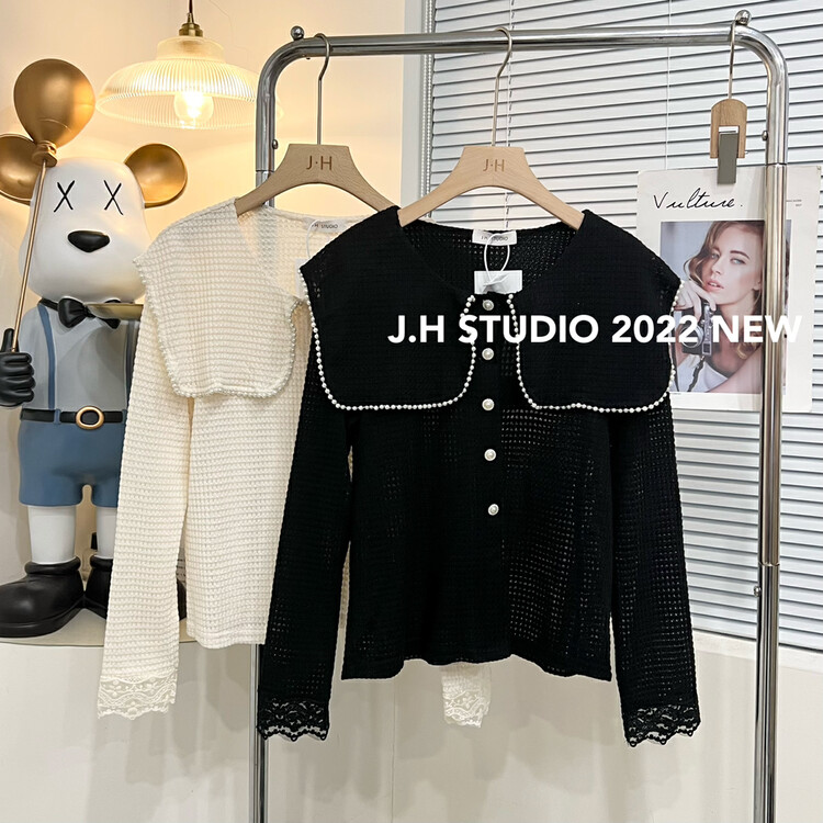 New in autumn! [JH] Xiaoxiang Pearl Navy Collar Shirt T56# PCZ