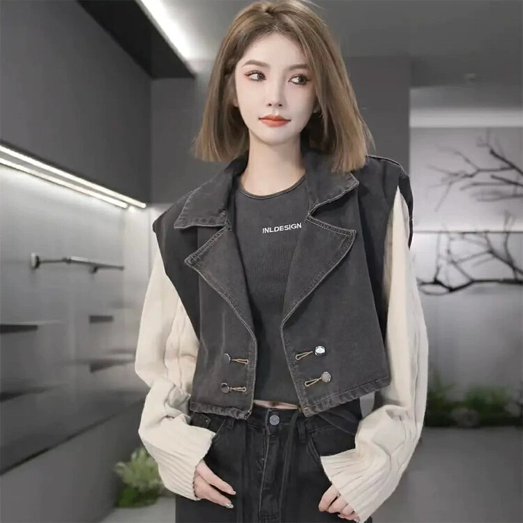 New in autumn! [JH] Net red sweater stitching denim short jacket 42961# PCZ
