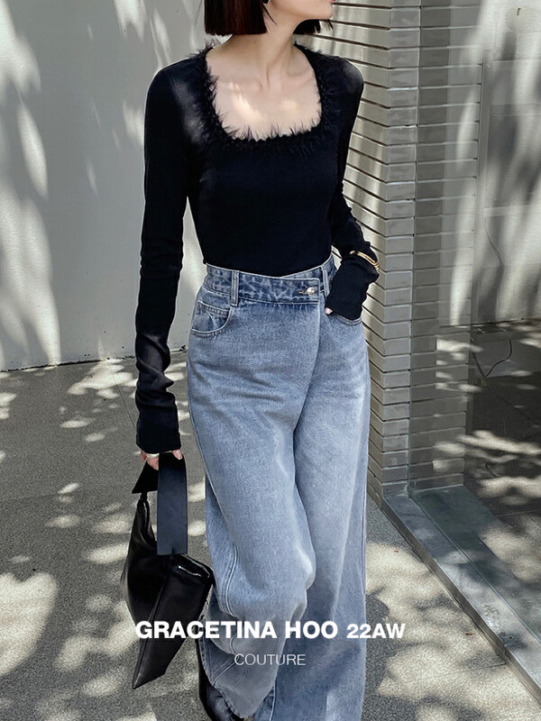 【GRACETINA HOO】Slim fit fringed terry square-neck sweater (textured, high-elastic, skin-friendly and versatile) T6241# CQW