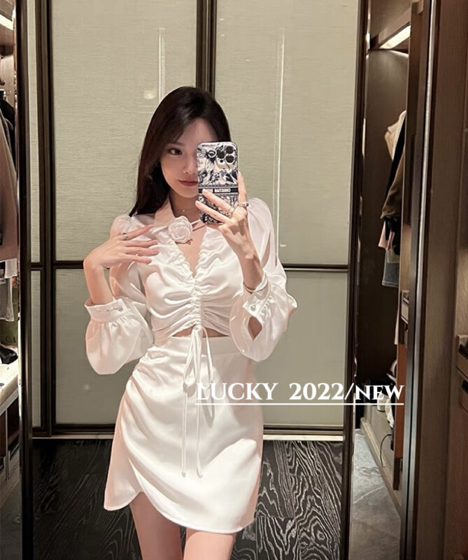 Autumn is new!【LUCKY】Korean all-match drawstring dress (with flowers) 9465# ZXX