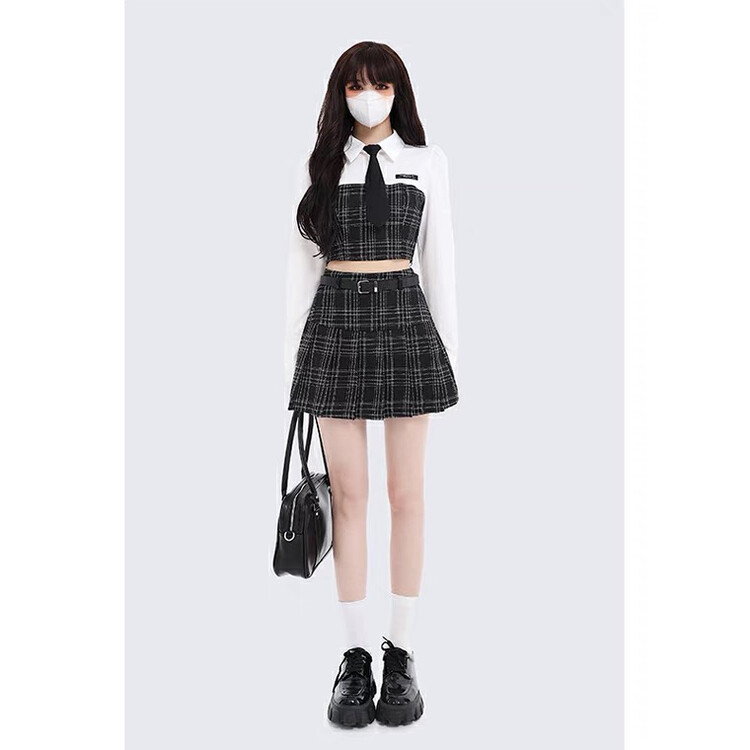 Autumn is new! [L.L STUDIO] College style pattern top + pleated skirt suit (with belt, tie) 78064# PCZ