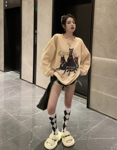 Real shot real price Doberman print long-sleeved pullover Korean version loose mid-length hooded sweater women's new lazy style