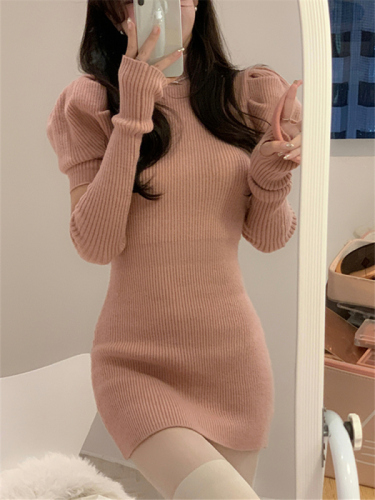 Pure desire to show thin bag hip sweater dress women's mid-length high-end puff sleeves bottoming knitted dress women's autumn inner wear
