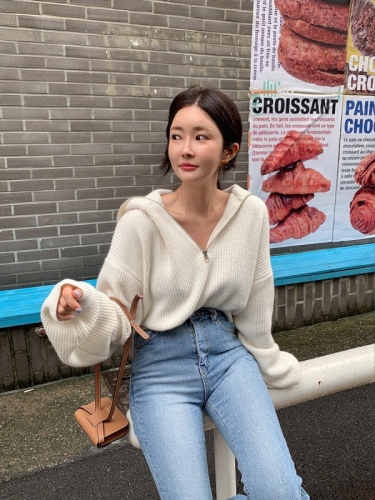 South Korea Dongdaemun autumn zipper lapel long-sleeved sweater short section lazy loose sweater coat female small
