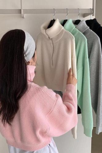 South Korea Dongdaemun autumn zipper lapel long-sleeved sweater short section lazy loose sweater coat female small