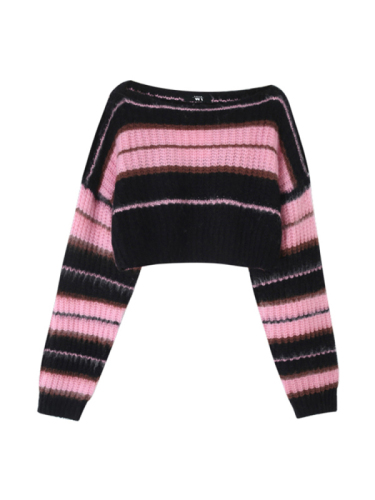 Autumn and winter lazy style knitted sweater one-shoulder pink sweater women's 2022 new short striped hot girl off-the-shoulder top