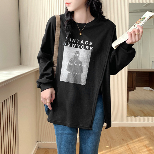 Real shooting real price  autumn and winter new long-sleeved t-shirt women's American retro loose mid-length slit t-shirt top