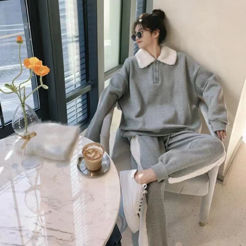 Autumn and winter new Korean sportswear fur collar sweater suit female student plus velvet thickening casual harem pants two-piece set