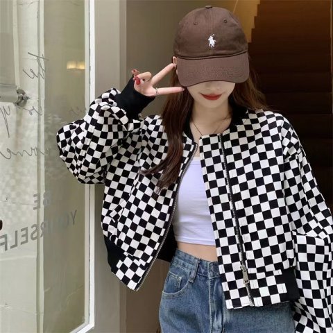 Short jacket female college style retro checkerboard students autumn 2022 new niche baseball uniform loose top