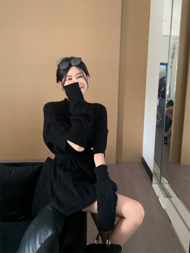 Real shot real price 3 colors/early autumn design sense twist belt two wear mid-length knitted sweater women