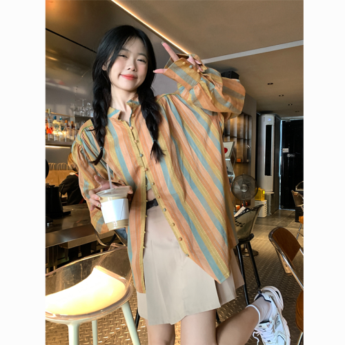 Contrast color striped long-sleeved shirt jacket autumn  new fashion loose mid-length top women's clothing