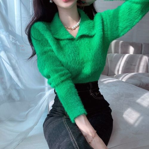 Korean chic mink fleece sweater women's lapel autumn and winter Western style mohair knitted sweater pullover niche loose