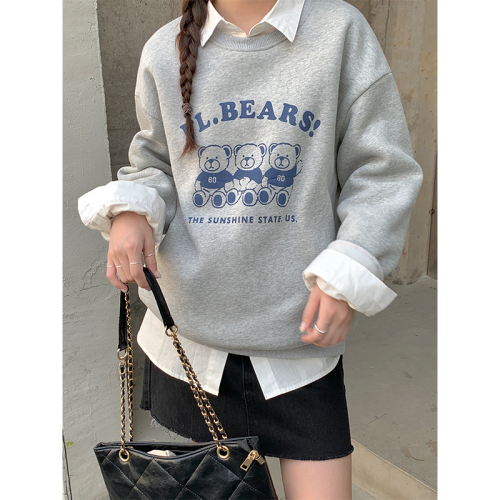 Real shot autumn and winter round neck casual top coat 2022 niche design printing plus velvet thickening short sweater women