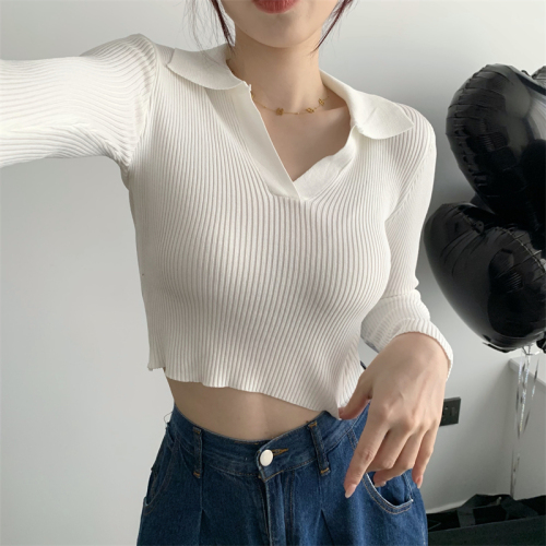 Real shot real price chic retro Korean version of the wild knitted bottoming shirt autumn new sweater short long-sleeved top