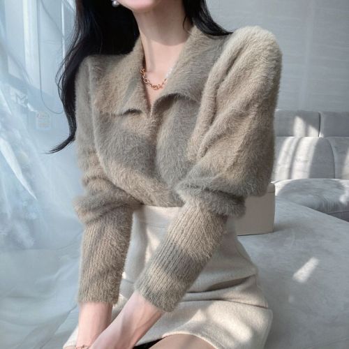 Korean chic mink fleece sweater women's lapel autumn and winter Western style mohair knitted sweater pullover niche loose