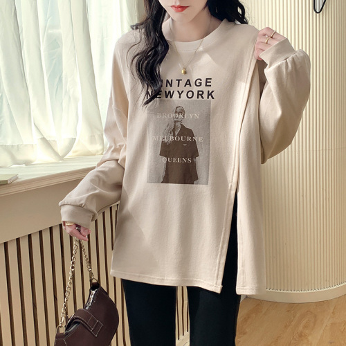 Real shooting real price  autumn and winter new long-sleeved t-shirt women's American retro loose mid-length slit t-shirt top