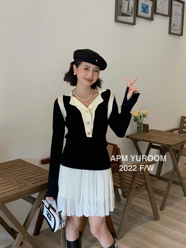 Autumn is new! [APM YUROOM] Temperament Xiaoxiang style contrast color knitted sweater 6050# LSL