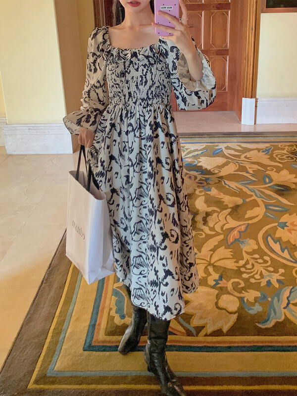 New in autumn!【NEW OPEN】French retro ink print pleated high waist dress GL80197# ZXX