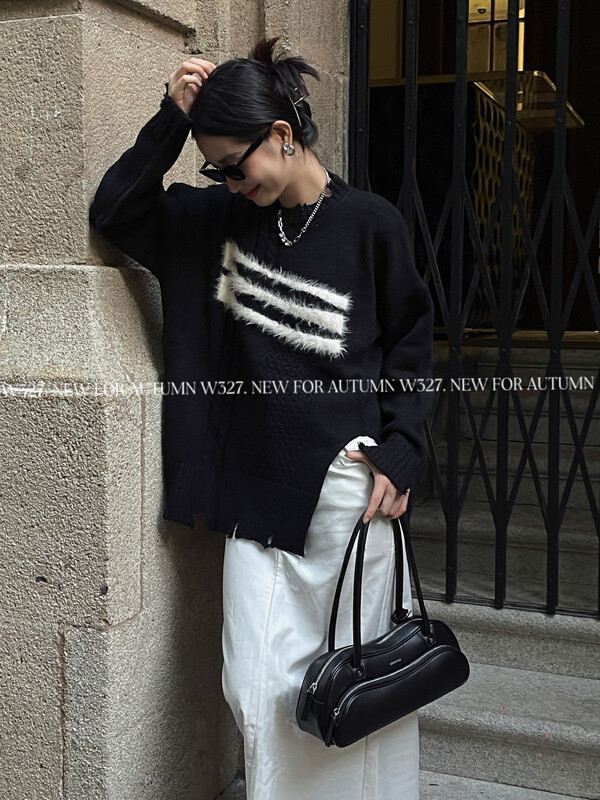 【W327.】Retro Irregular Torn Pullover Sweater Warm Sweater (Imitation Mink Yarn Jacquard) 0308# CQW
