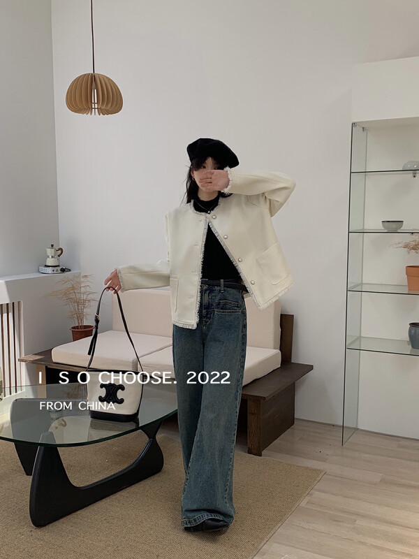 Autumn is new! [ISO Korean series] Xiaoxiangfeng raw edge long-sleeved round neck loose short coat 3315# HJY