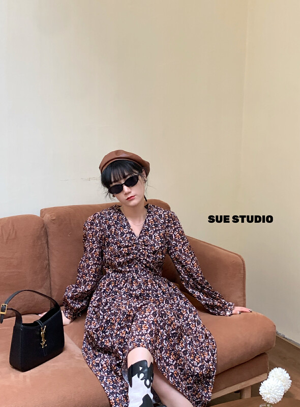 New in early autumn!【SUE STUDIO】Fashion V-neck floral mid-length dress 99926# ZJY