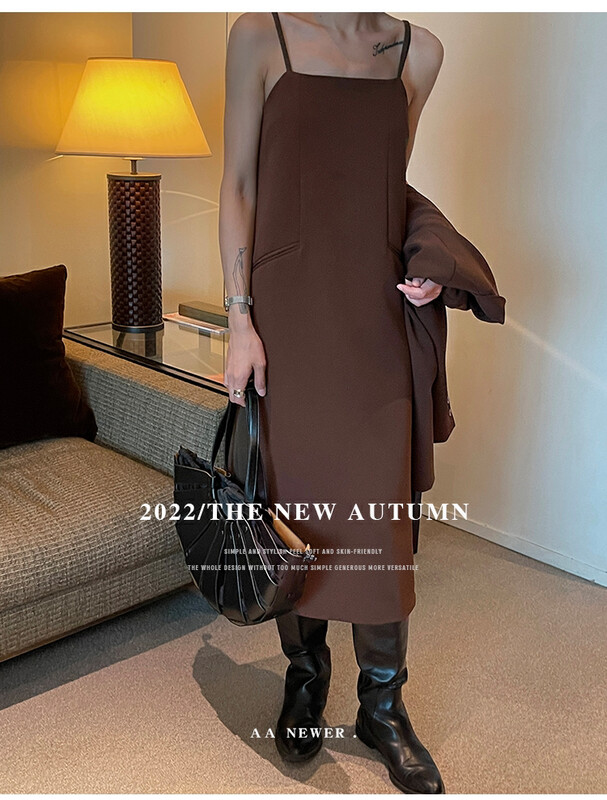 [THE MIND] Temperament retro simple back split stitching high-end suspender dress 61067-1