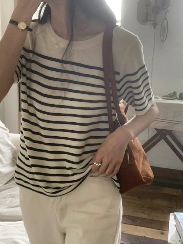【LOVELY】All-match fine wool knitted striped top knitted sweater M0726