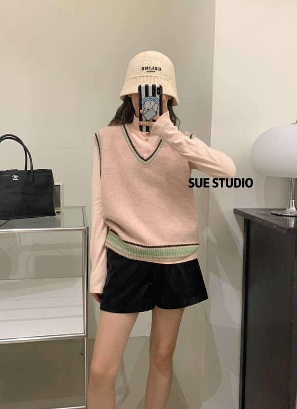 New in autumn! [SUE STUDIO] colorblock V-neck loose all-match vest 8961# ZJY