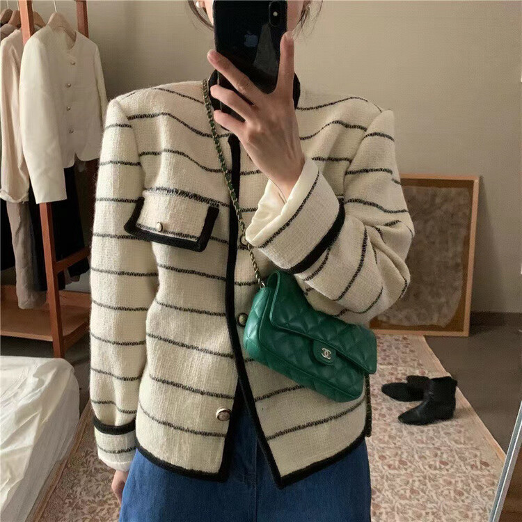 New in autumn! [RS] round neck striped tweed small fragrant short coat RS3012# FHX