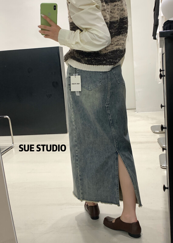 New in autumn! [SUE STUDIO] thickened retro green slim denim skirt 8362# ZJY