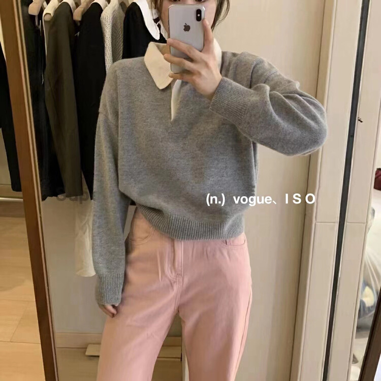 New in autumn! [ISO Korean series] Korean version of the simple design sense stitching contrast color warm sweater 8817# HJY