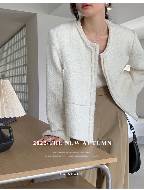 【THE MIND】Round-neck frayed tweed loose wool small fragrance short coat 61175