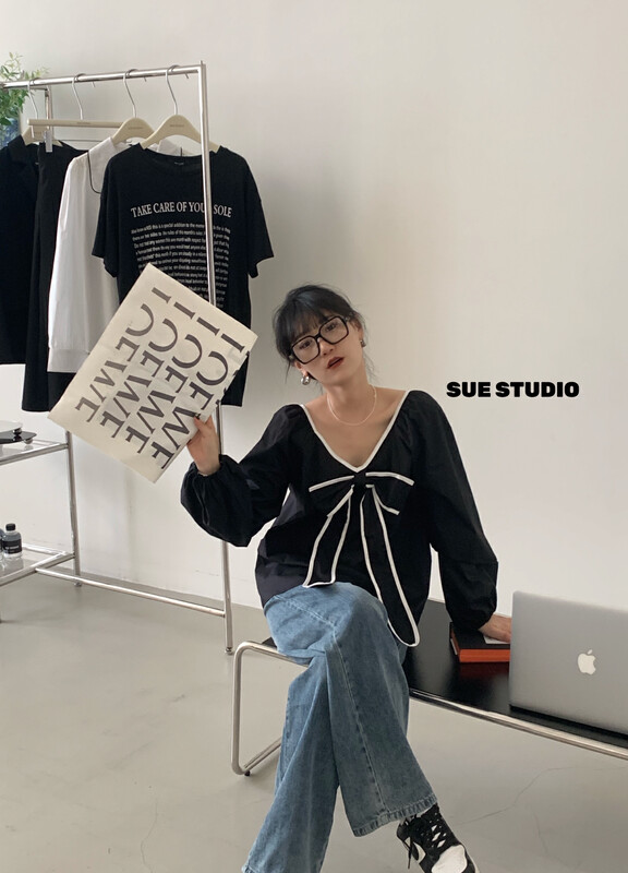 New in early autumn!【SUE STUDIO】Bow-knot contrast color shirt 22328# ZJY