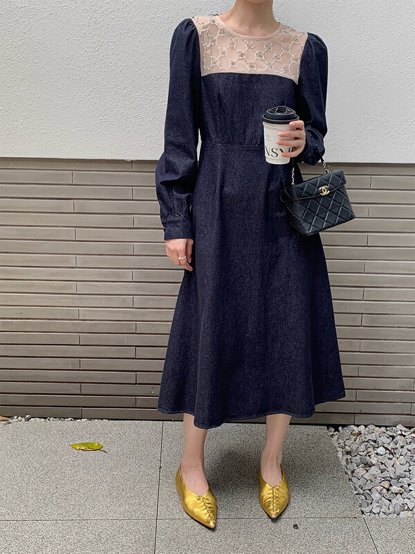 New in autumn!【NEW OPEN】French retro mesh bead-neck denim dress FL80273# ZXX