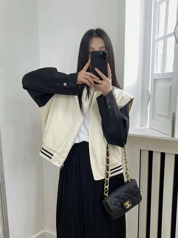 [RAINBOW] Explosive style contrast color stitching suit sleeve baseball jacket short jacket 06159