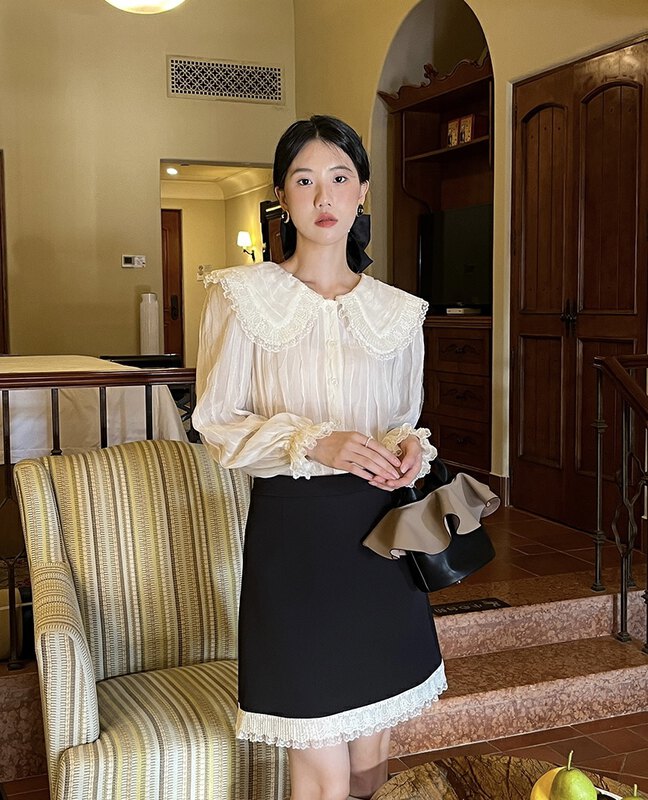 Autumn is new! [NEW OPEN] Pure Desire Girls Age Reduction Lotus Leaf Collar Lace Shirt FY80130# ZXX