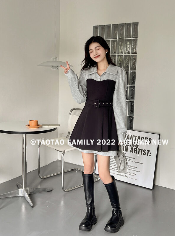 Autumn is new!【TAOTAO FAMILY】Commuter contrast color stitching fake two-piece dress (with belt) 3860# LSL