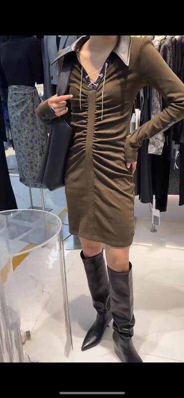 New in autumn! [Semi-Plain] Leather Polo Neck Tie Slim Hot Girl Dress YS1-G313# ZJY