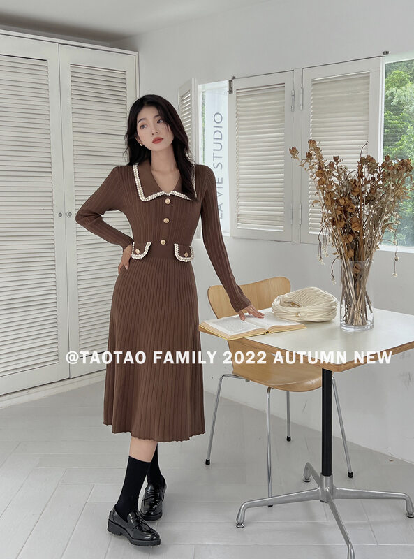 Autumn is new!【TAOTAO FAMILY】Contrast color knitted waist slim dress 3878# LSL
