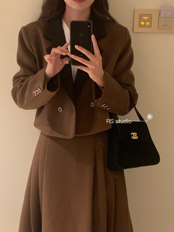 New in autumn!【RS】Fashion color contrast collar suit + high waist pleated skirt suit LL0165# FHX