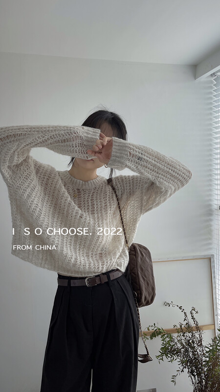 New in early autumn! [ISO Korean series] design is small and simple solid color round neck hollow knitted sweater 30926# HJY