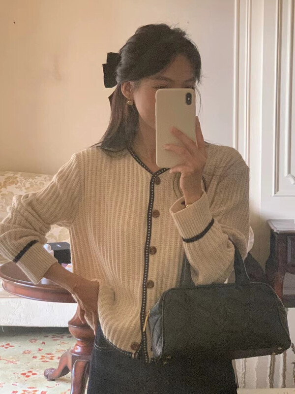 【LOVELY/SHMILY】Korean style contrast color slim V-neck sweater cardigan warm sweater M0705# FHX