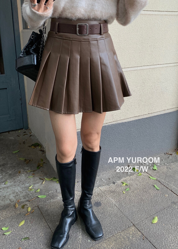 New in autumn!【APM YUROOM】High waist all-match pleated leather skirt (with belt) 9110# LSL