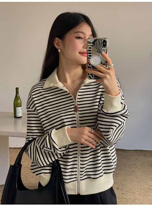 【THE MIND】Korean style striped fashion simple zipper sweater 61168# JHY