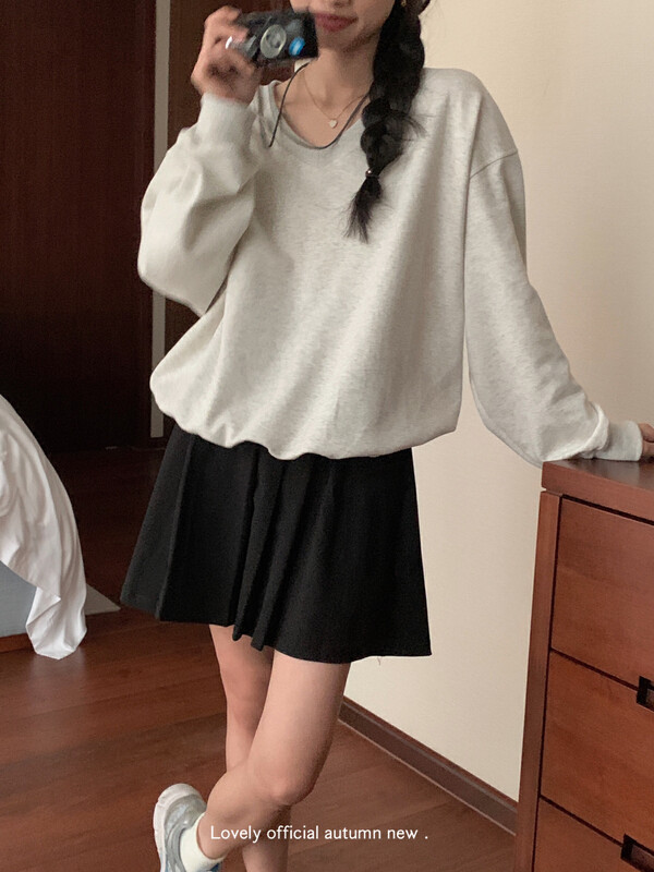 【LOVELY/SHMILY】Solid Color V-Neck Versatile Loose Sweater Sweater Z1187# FHX
