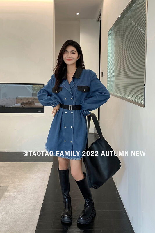 New in autumn!【TAOTAO FAMILY】Contrast color fashion retro casual dress (with belt) 3850# LSL