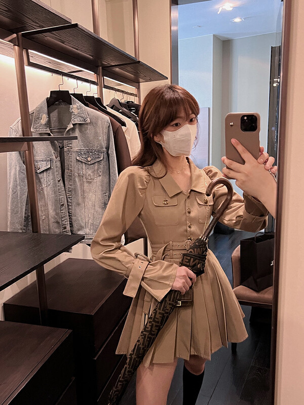 New in autumn! [Amanda] Heavy industry double belt metal buckle slim pleated dress (with belt) 9878# PCZ