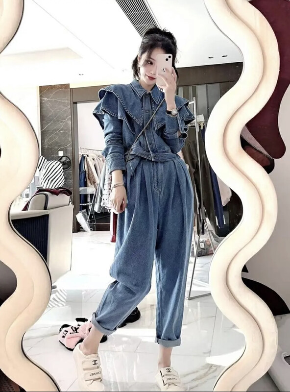 New in autumn! [JH] Net Red Doll Collar Washed Denim Jacket + Washed Jeans Set 42620# PCZ