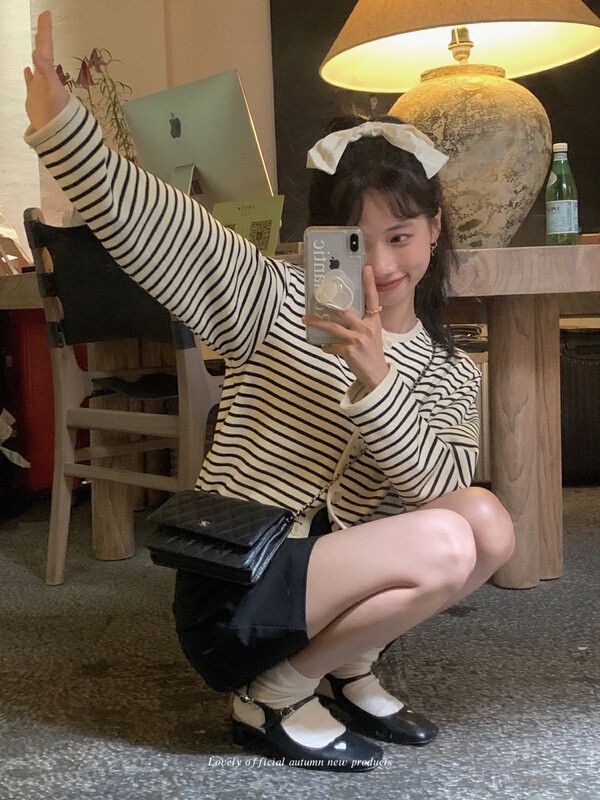 [LOVELY] Korean style small fragrance round neck striped coat short coat Z1189-1